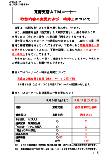 東野支店ATMコーナー　取扱内容の変更および一時休止について