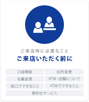 ご来店時に必要なこと「ご来店いただく前に」口座開設｜住所変更｜名義変更｜ATM・店舗について｜窓口でできること｜ATMでできること｜便利なサービス